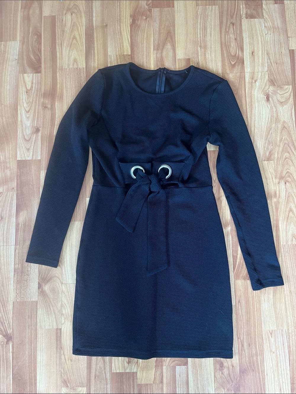 Women's Black Long-Sleeve Tie-Belt Dress with Grommet Detail